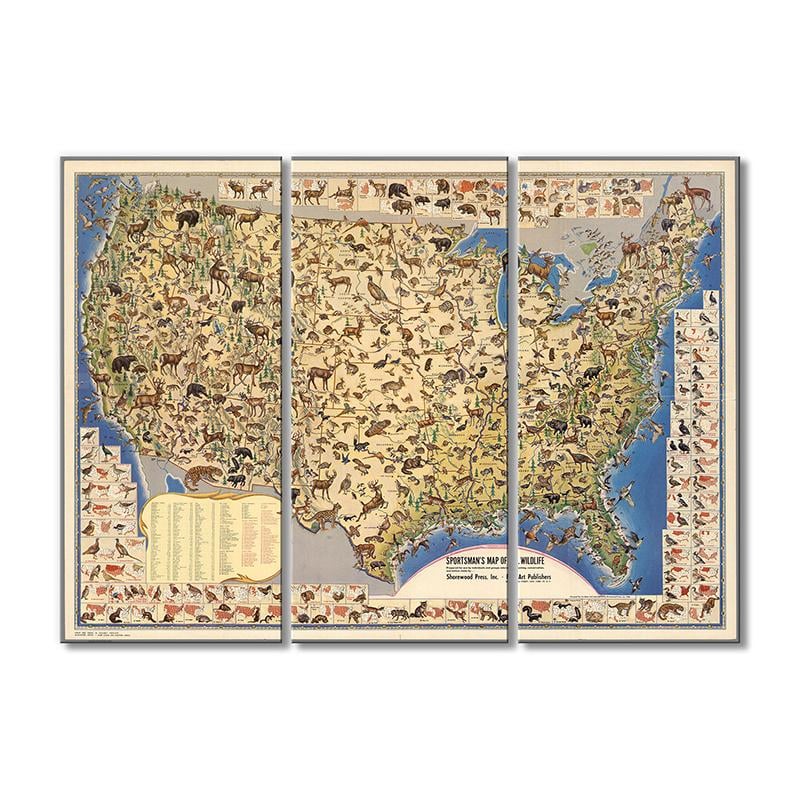 Винтажная карта Карта США, где живут животные 3 модуля 120x180 см