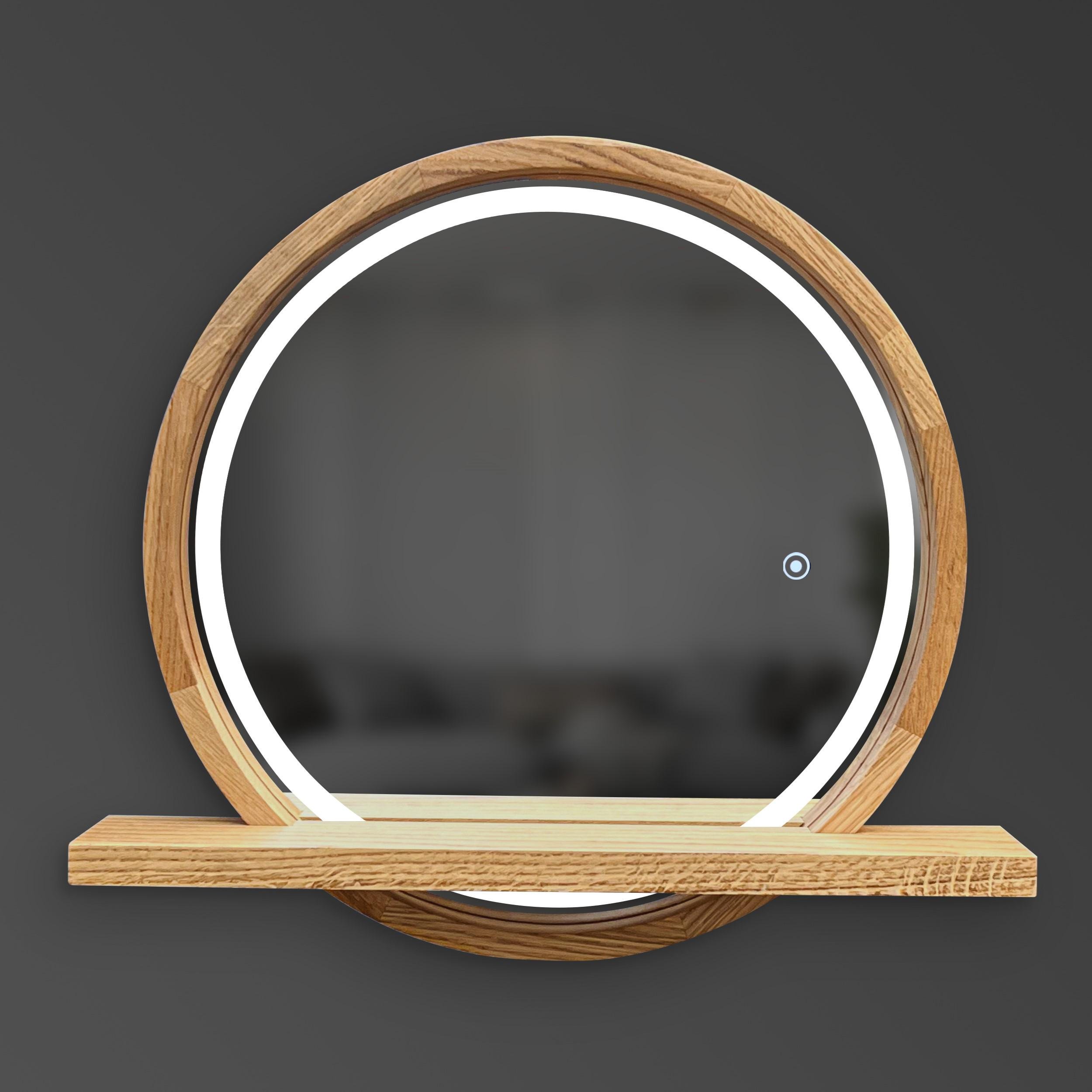 Дзеркало кругле з поличкою Luxury Wood Sunrise Natural Oak дерев'яне з LED-підсвіткою 65x70 см Дуб