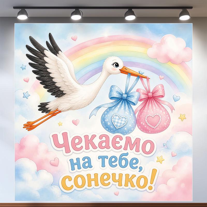 Баннер для праздника Ждем тебя солнышко с аистом и радугой 120x120см, №48517
