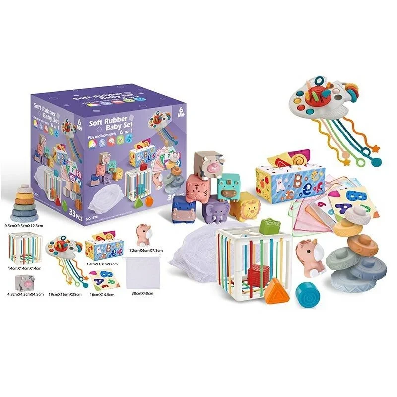 Набір для розвитку кубики/брязкальця/прорізувачі/фігурка пірамідка/серветки/мішечок/куб 34 елементи - фото 4 Набір для розвитку кубики/брязкальця/прорізувачі/фігурка пірамідка/серветки/мішечок/куб 34 елементи - фото 4