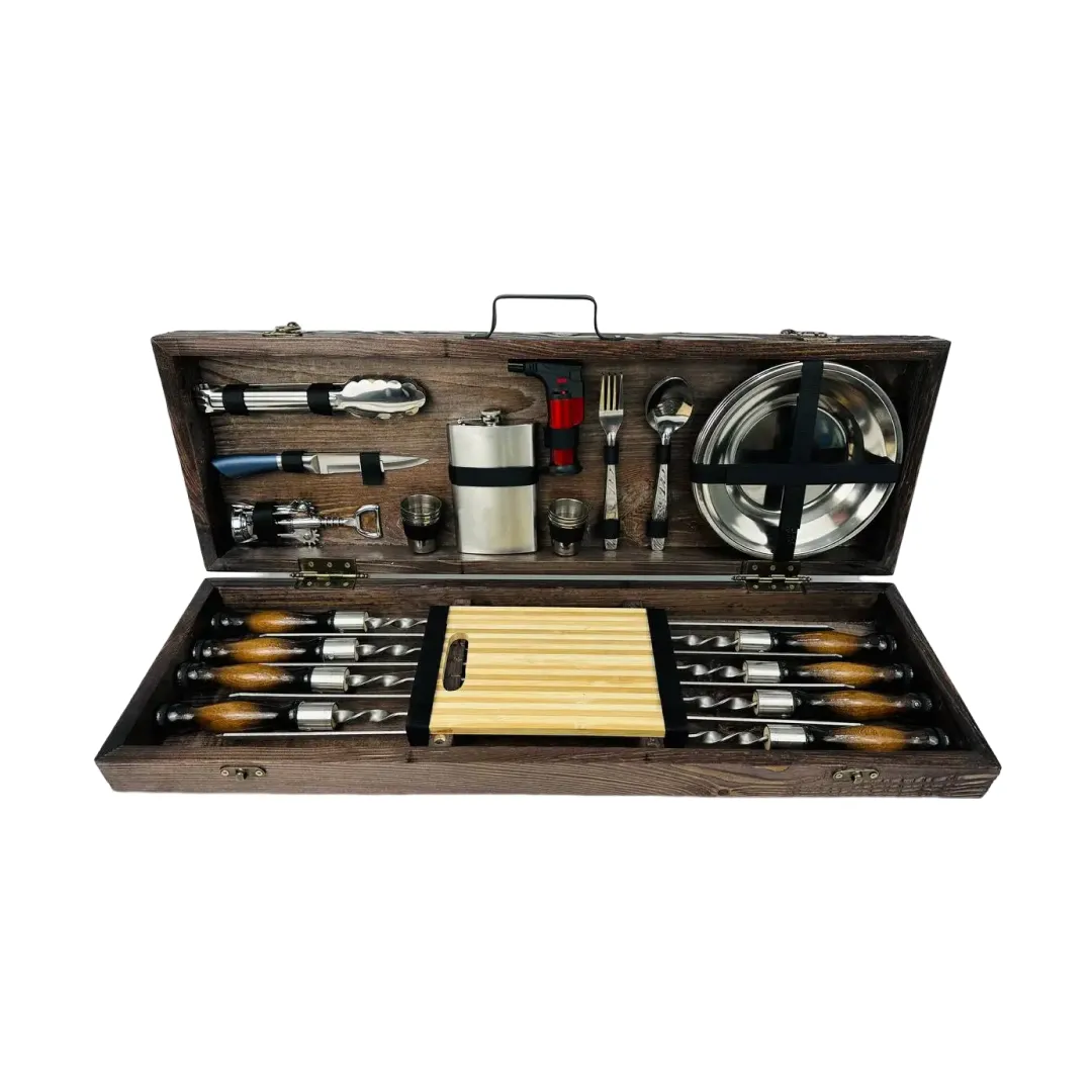 Набор шампуров в кейсе Макси деревянный средний из нержавеющей стали (2-10-KS-7605)