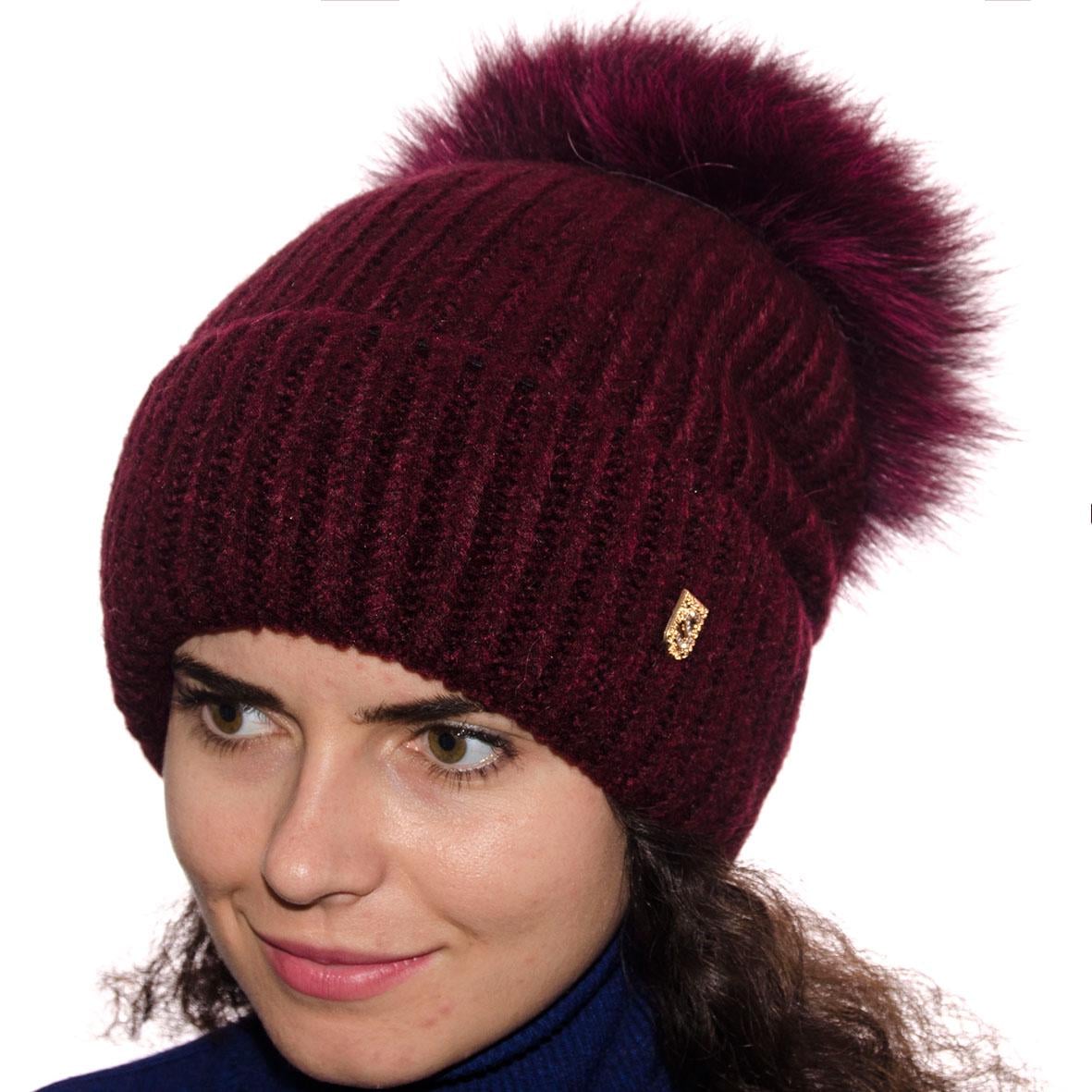 Шапка Sofi SF20222 с большим меховым помпоном Бордовый