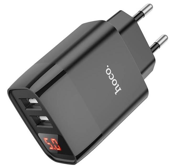 Зарядний пристрій мережевий HOCO C86A з дисплеєм 2хUSB Чорний