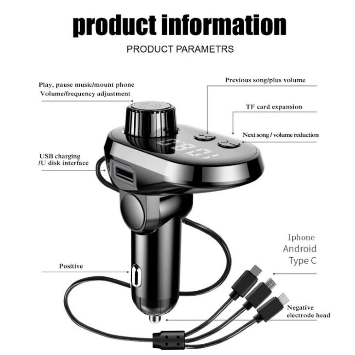 Фм трансмітер блютуз Car Q15 з кабелем Type-C/MicroUSB/Lightning Чорно-помаранчевий (1008989-Orange) - фото 4