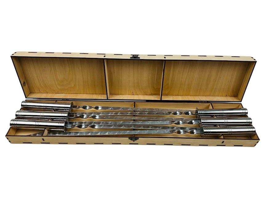 Набор шампуров Серебро из нержавеющей стали в кейсе из фанеры (14-10-NB-3001-S)