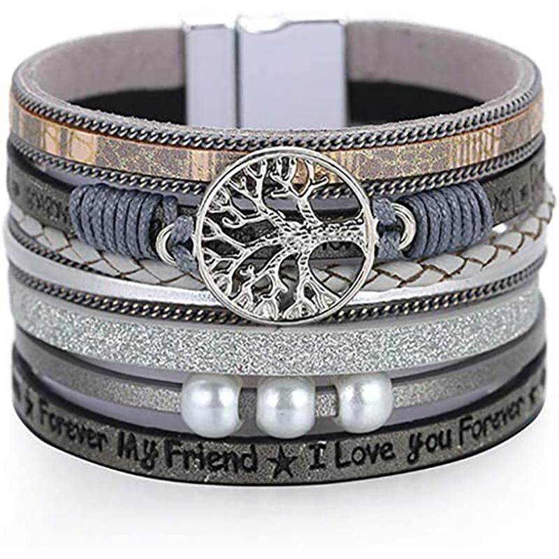 Браслет кожаный Дерево Жизни многослойный Серый