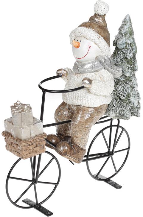Декоративная статуэтка Снеговик на велосипеде 23х9х26,5 см керамика Шампань (BD-711-373)