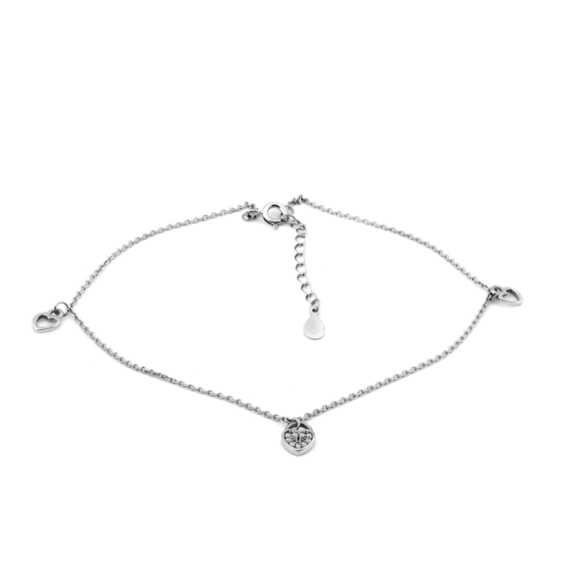 Браслет серебряный на ногу с тремя миниатюрными сердечками на цепочке