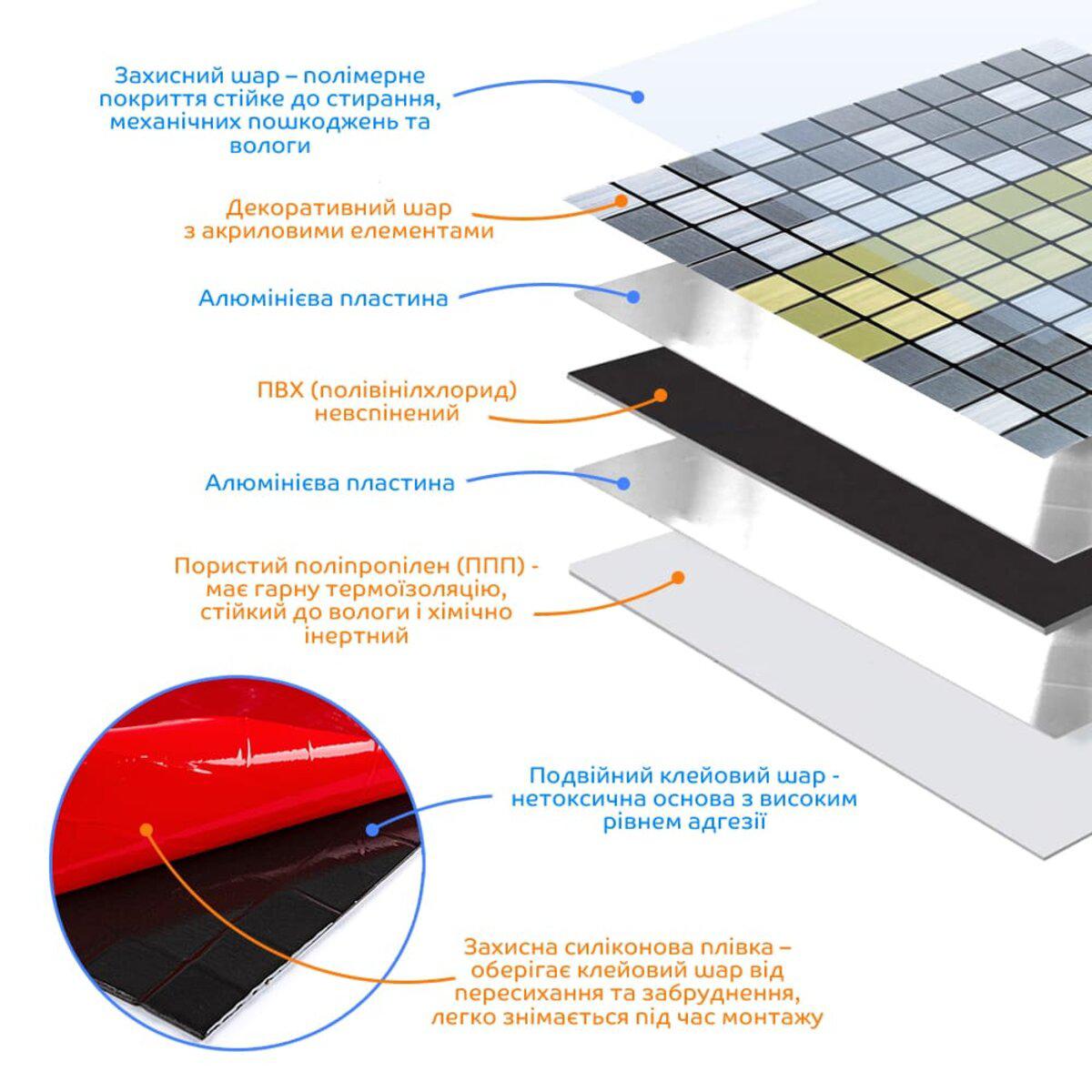 Декоративна плитка алюмінієва Sticker Wall SW-00001826 Мозаїка 300х300х3 мм Срібний із золотим (991943836) - фото 2