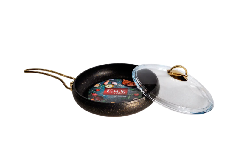 Сковорода с крышкой OMS с антипригарным мраморным покрытием 26 см. Черно-золотой (3241 GL)