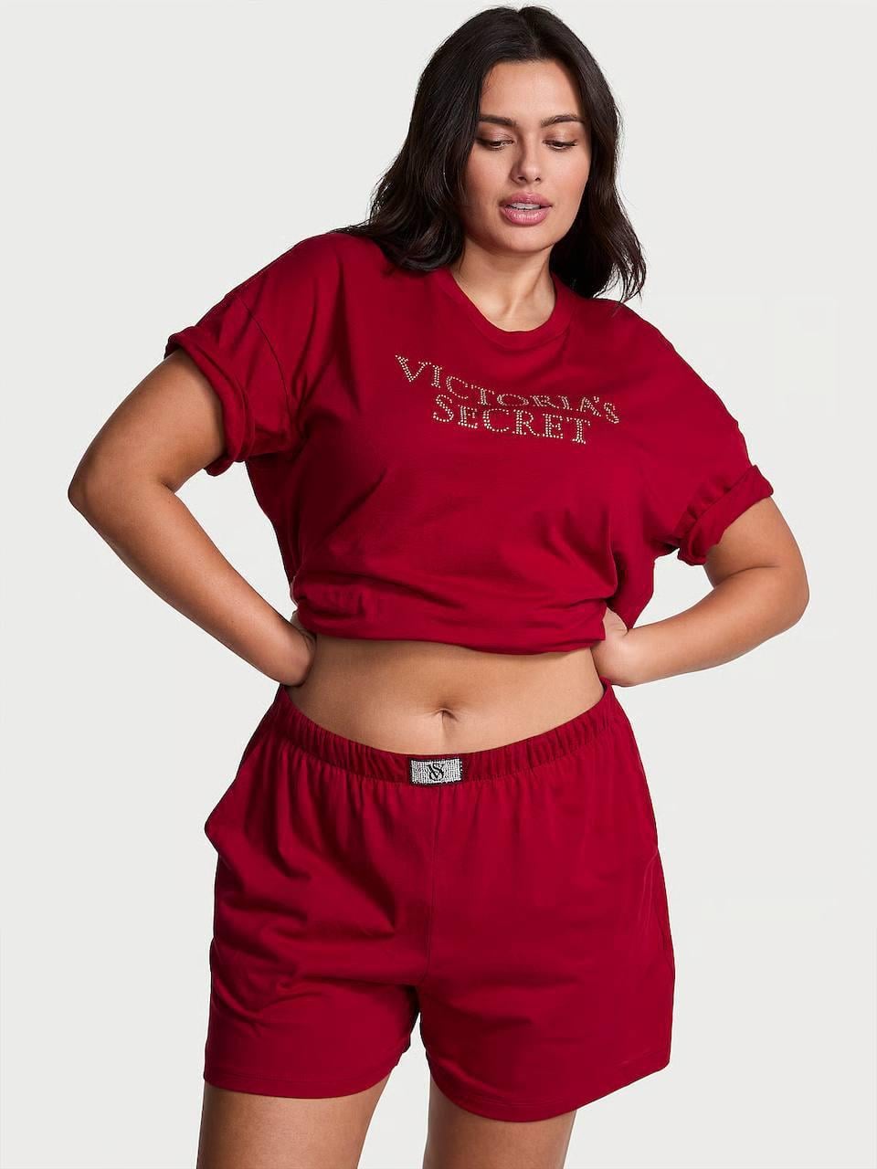 Пижама котоновая Victoria's Secret 100% Cotton Shine Short Pajama Set Red XS Красный (27178658D)