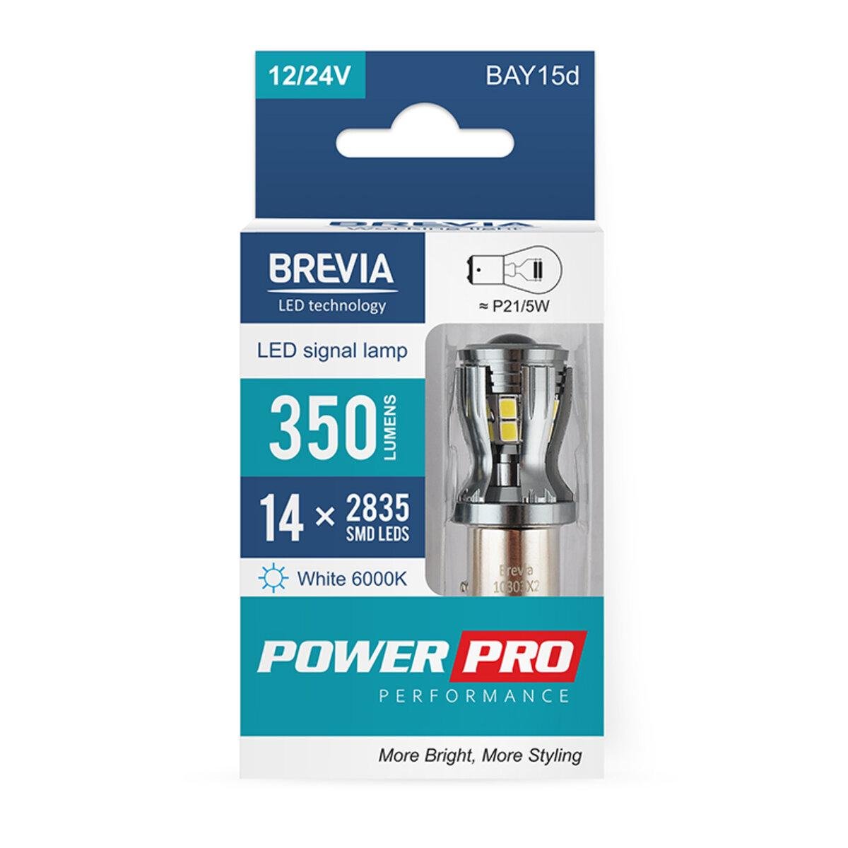 Автолампа LED Brevia Power P21/5W 350Lm 14x2835SMD 12/24V 2 шт. (4530)