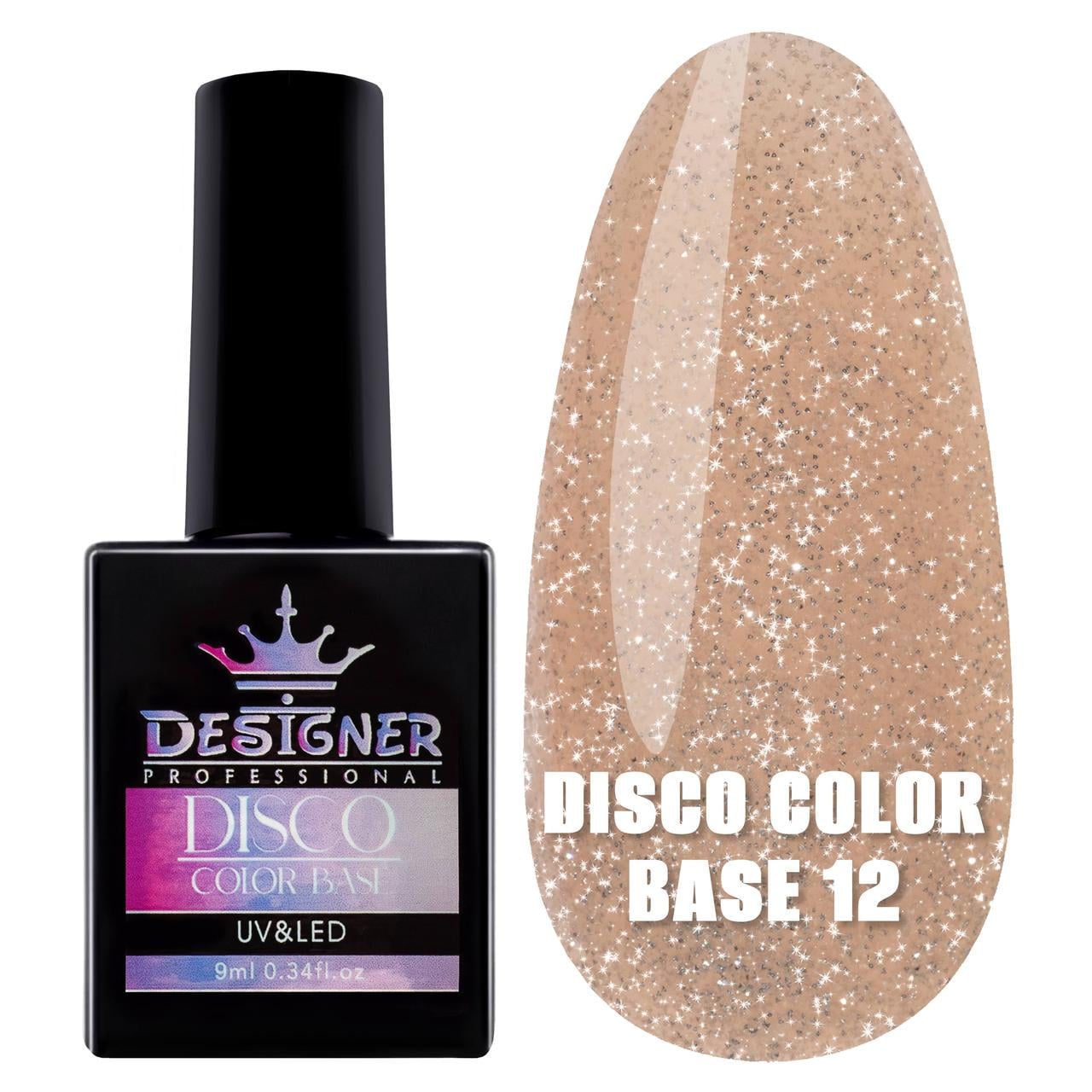 Каучуковая база Disco Color Base Дизайнер для ногтей со светоотражающими частицами 9 мл Золото №12