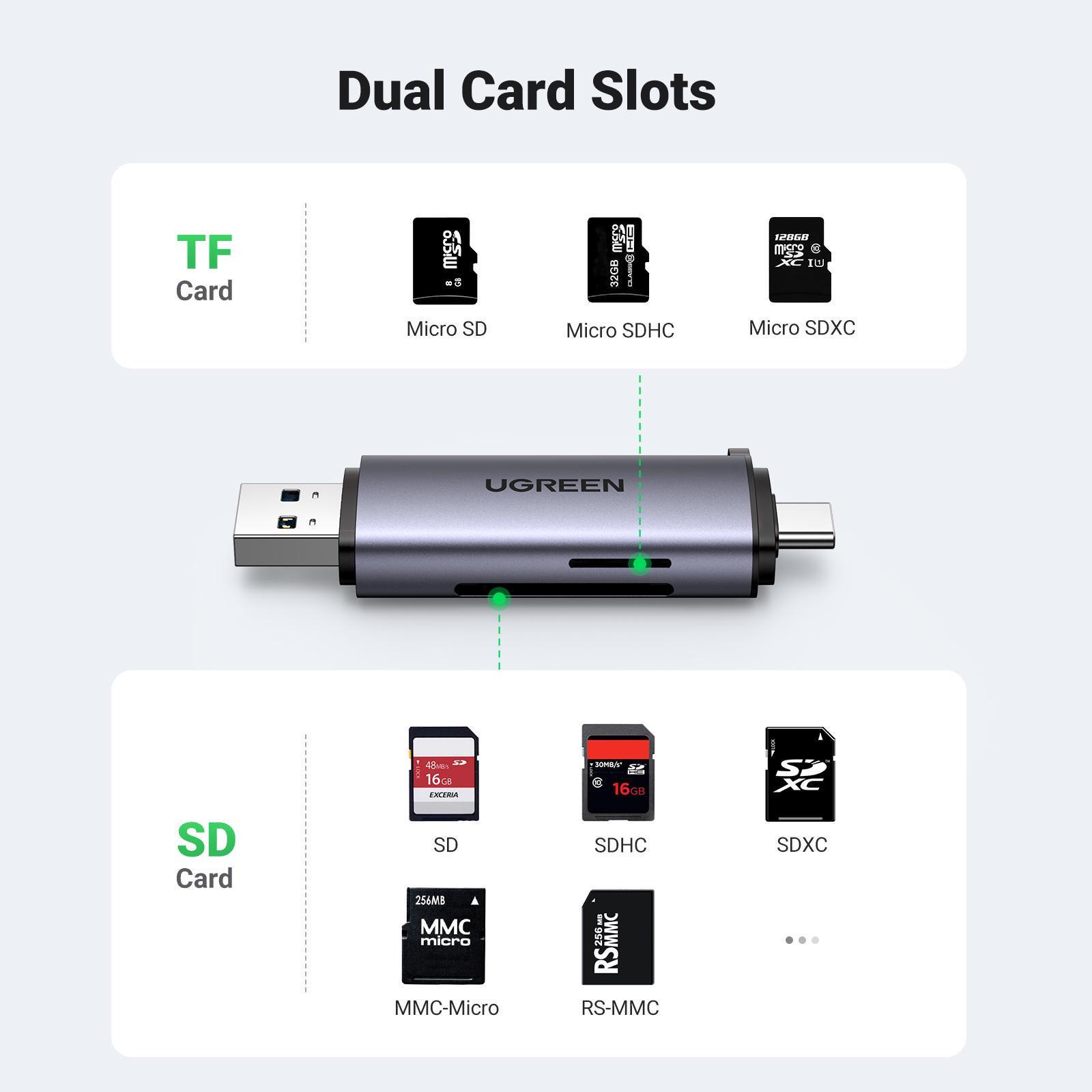 Кардридер UGREEN USB 3.0 +Type-C для TF SD Micro SD Послідовне зчитування/5 Гбіт/с USB-A/USB-C Сірий (50705) - фото 12 Кардридер UGREEN USB 3.0 +Type-C для TF SD Micro SD Послідовне зчитування/5 Гбіт/с USB-A/USB-C Сірий (50705) - фото 12