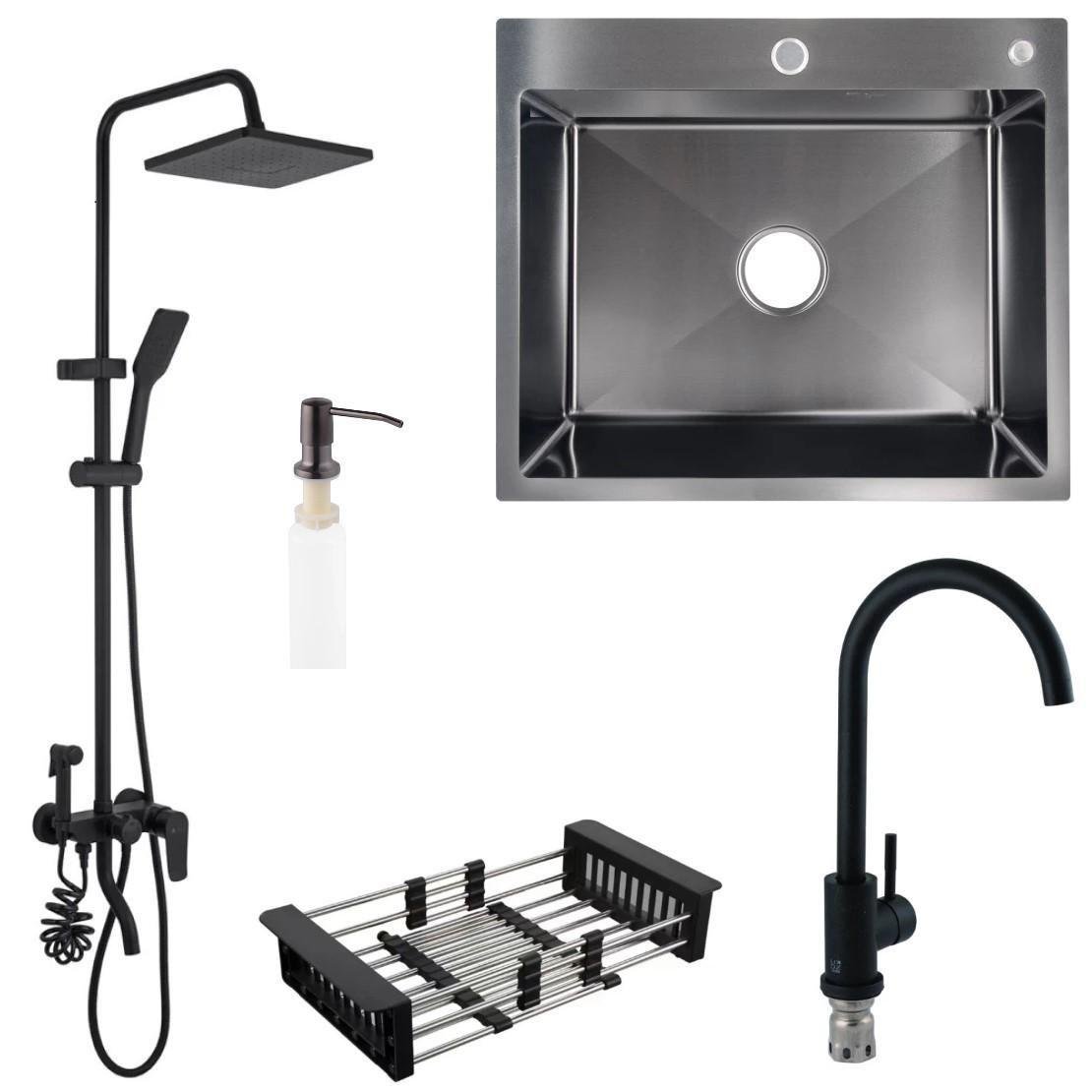 Мойка Lidz 6050/душевая система Agua Acero-Avion 06426NM и Lidz кран для кухни Черный
