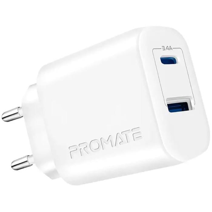 Зарядное устройство Promate BiPlug-2 17 Вт USB-C USB-A QC 3.0 White (biplug-2.white)