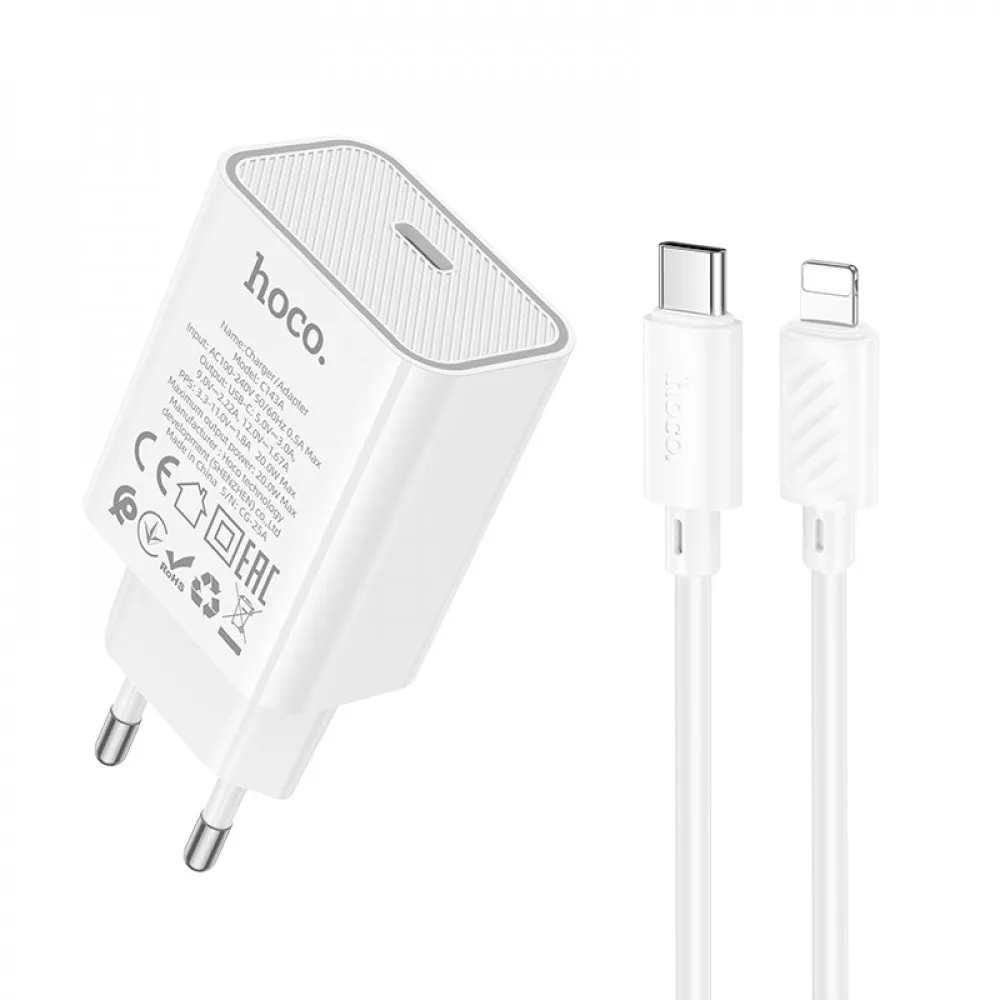 Зарядний пристрій мережевий Hoco C143A 20W PD3.0 з кабелем USB-C/Lightning 1 м (786633) Зарядний пристрій мережевий Hoco C143A 20W PD3.0 з кабелем USB-C/Lightning 1 м (786633)