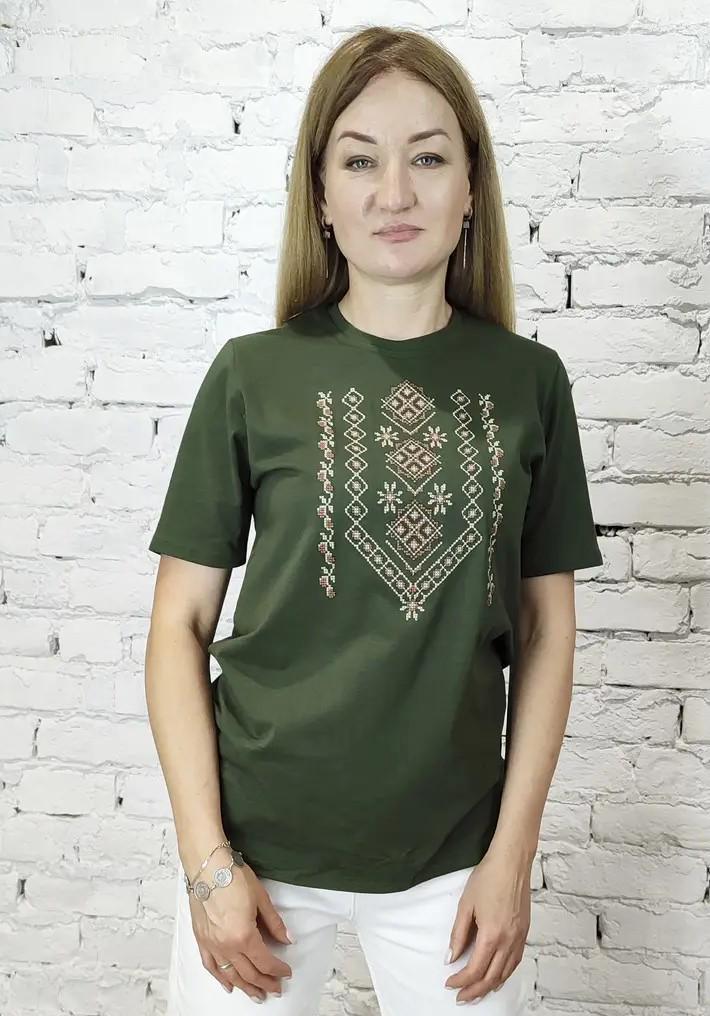 Вишиванка-футболка жіноча з коричневим орнаментом 5XL Хакі (4479/5XL)