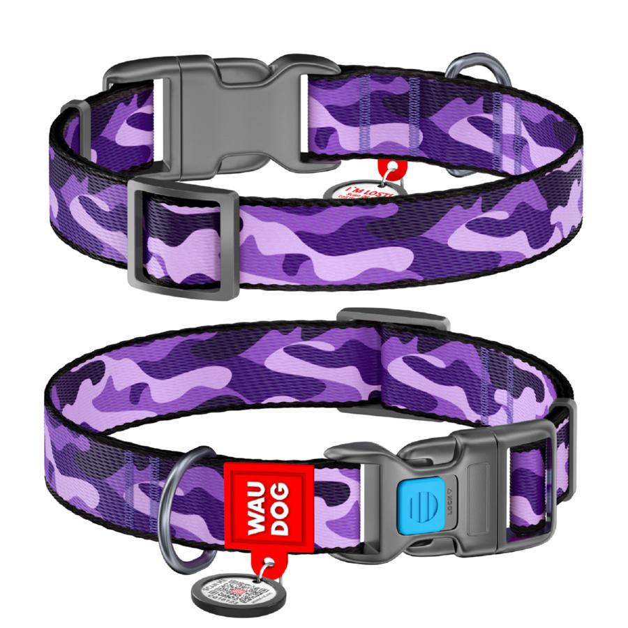 Ошейник для собак нейлоновый Waudog Nylon с QR паспортом пластиковый фастекс L 25 мм 31-49 см Фиолетовый камо