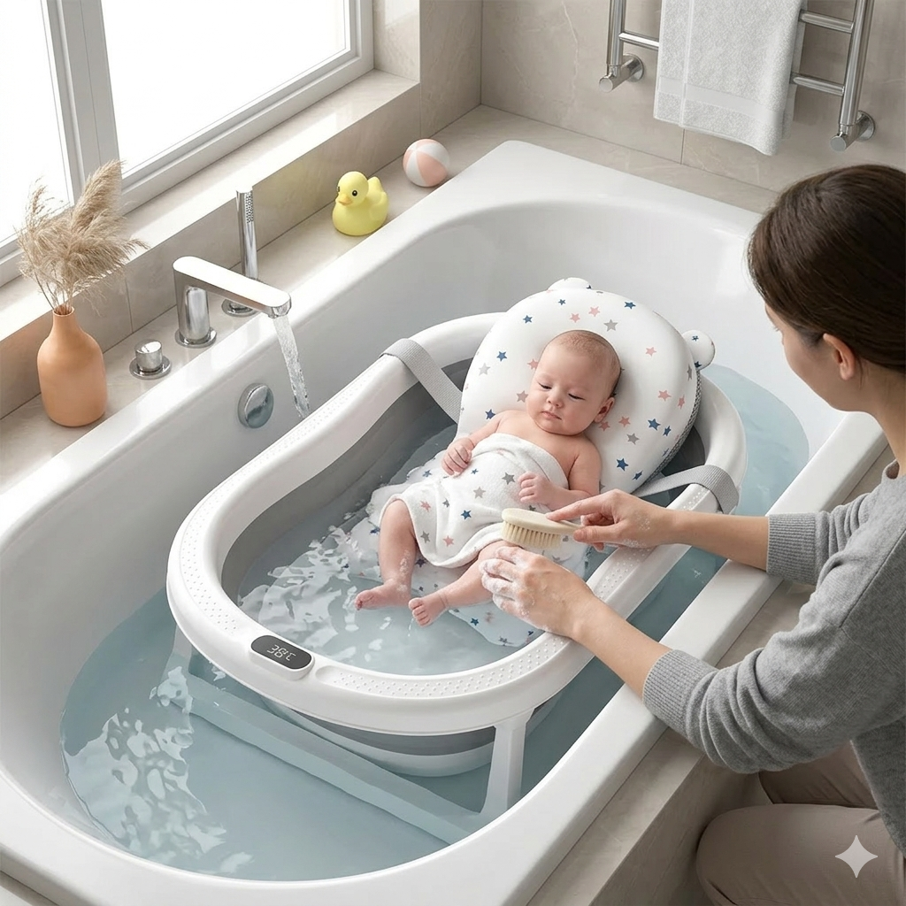 Ванна детская с подушкой и термометром раскладная Серый (33704835)