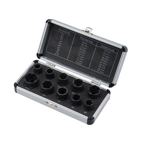 Набір з 10 екстракторів для пошкоджених болтів гайок 9-19 мм HSS-сталь у кейсі (439217)