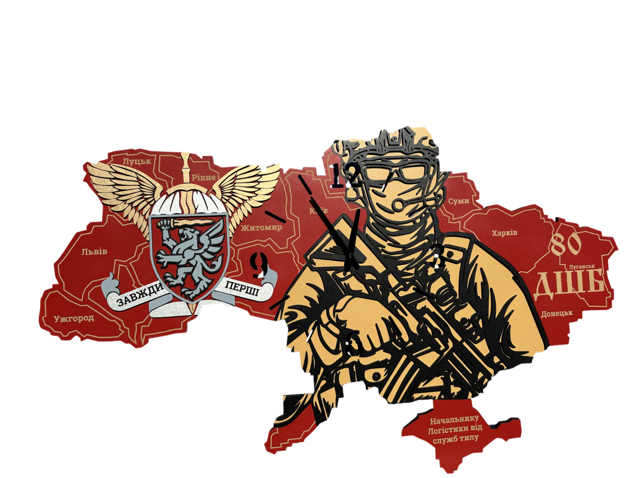 Картина-панно на стіну в стилі лофт дерев'яне Decart Карта України годинник з солдатом 150х99 см