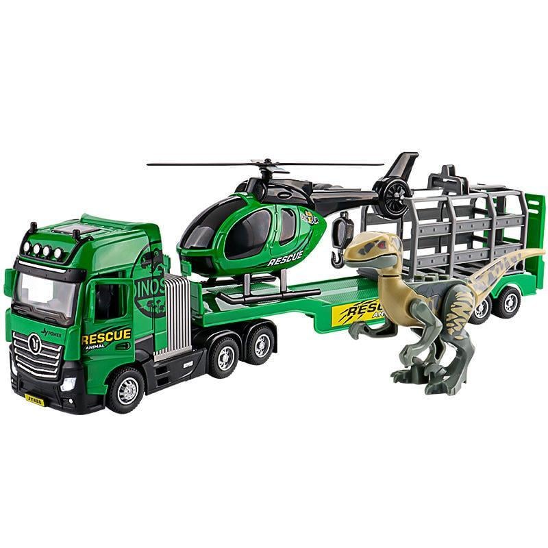 Игрушечный автовоз Dino Rescue с вертолетом/клеточкой и динозавром свет/звук/инерция (86464)
