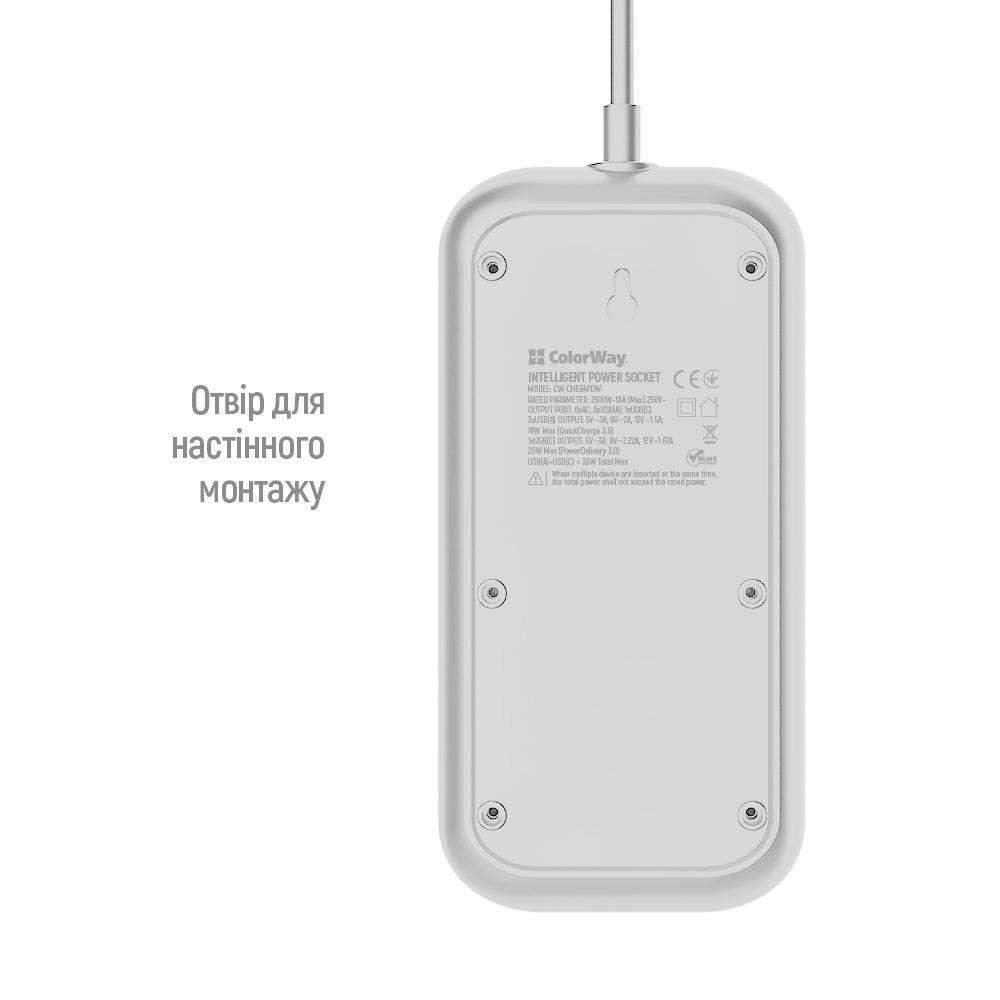 Удлинитель-фильтр сетевой СolorWay 6 розеток/Type-C PD20W/3USB QC3.0 38W 2 м White (57444) - фото 15