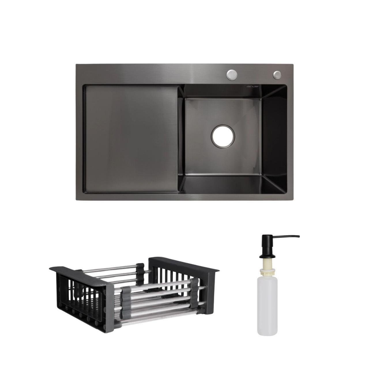Комплект Lidz Handmade H7849BL мойка для кухни интегрированное крыло слева с дозатором и Lidz K01B корзина для сушки Black PVD Комплект Lidz Handmade H7849BL мойка для кухни интегрированное крыло слева с дозатором и Lidz K01B корзина для сушки Black PVD