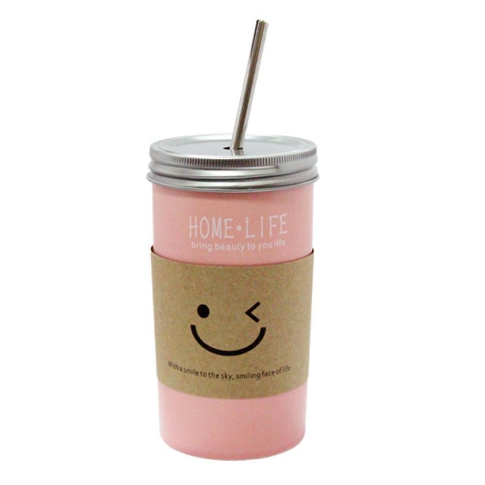 Стакан Смайл с крышкой и трубочкой керамический 500 мл Розовый (21-рож-O8030-41)