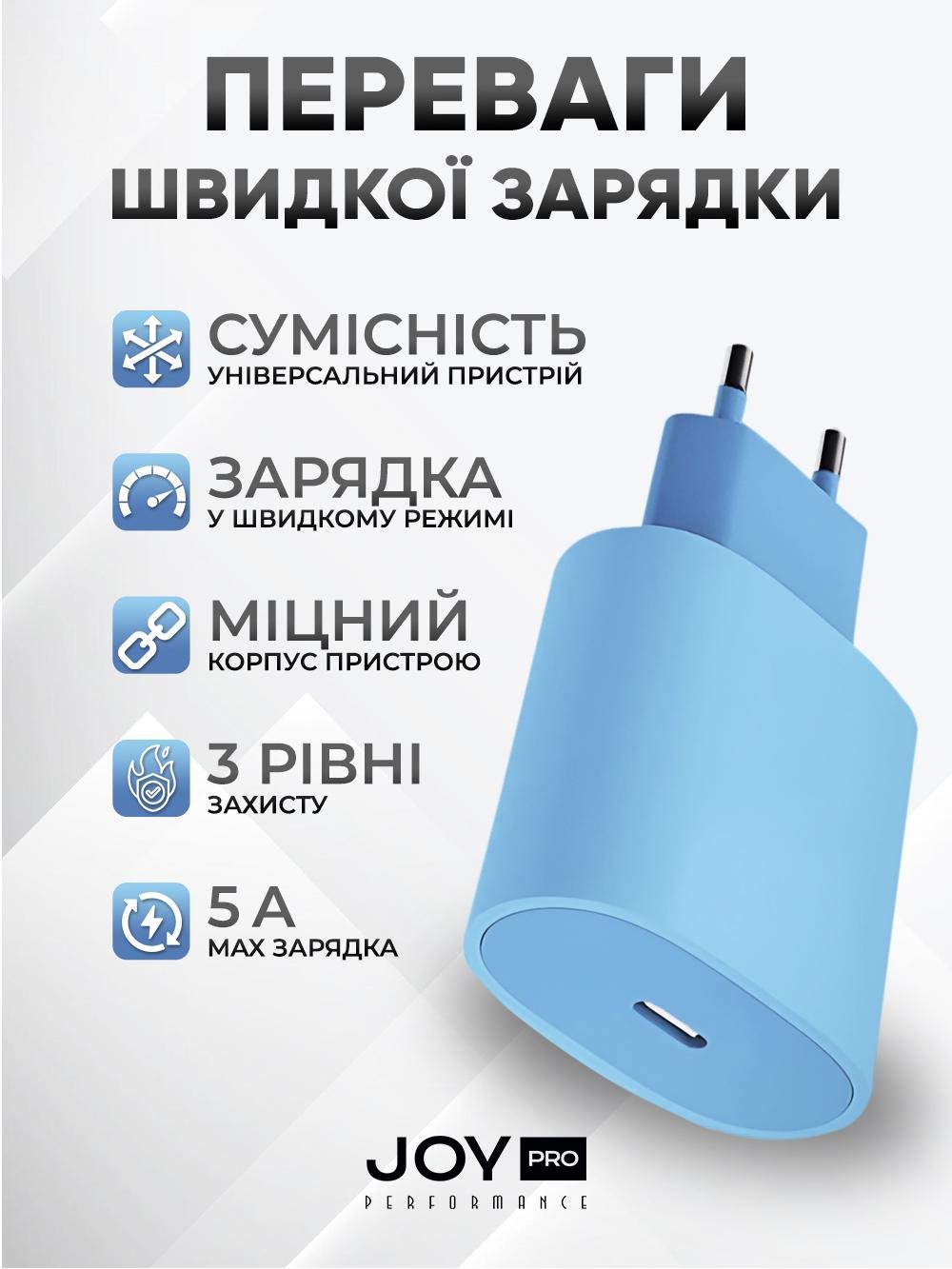 Адаптер для быстрой зарядки iPhone и Android JoyPro 20W Type-C Синий (ebcbb1d0) - фото 3