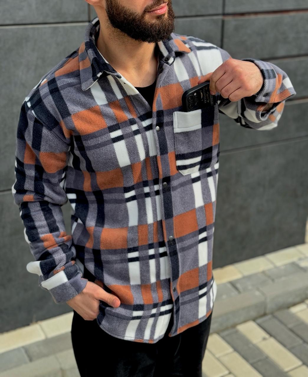 Рубашка мужская весенне-осенняя флисовая XL Бело-оранжевый (G0016/1/4) Рубашка мужская весенне-осенняя флисовая XL Бело-оранжевый (G0016/1/4)