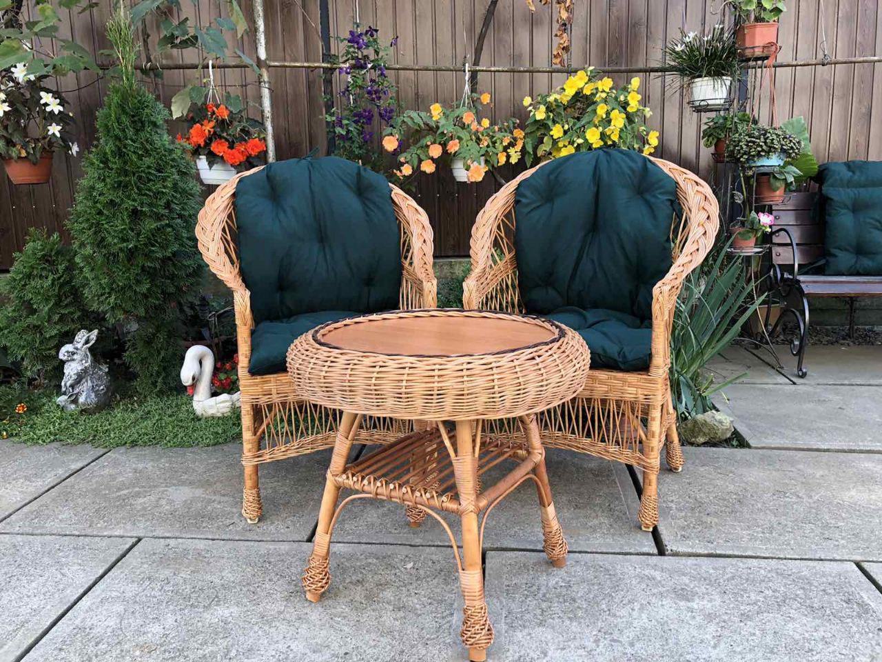 Садовая мебель для из дерева и лозы Woody 2 кресла Стандарт журнальный столик Гриб круглый Светлое дерево Темно-зеленый