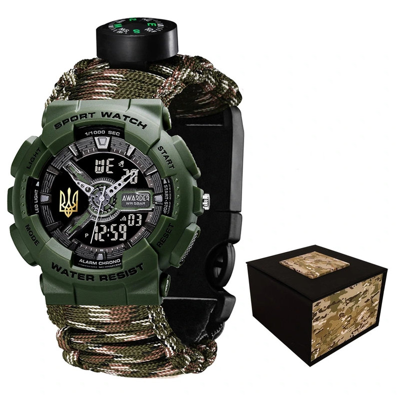 Наручний годинник Awarder 005P Тризуб золото Army Green Паракордовий ремінець Camo Green з коробкою (26279)