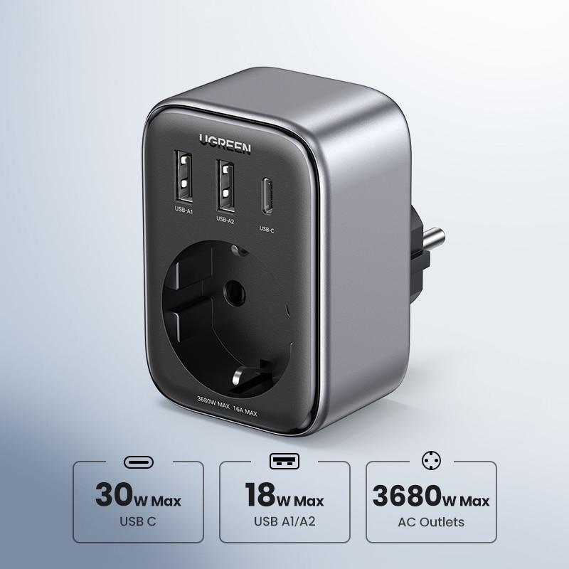 Зарядное устройство сетевое с розеткой UGREEN CD314 GaN 30W Outlet Extender 2USB-A 1USB-C 1AC Gray (90613) - фото 2