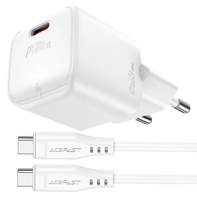 Зарядний пристрій мережевий ACEFAST A77 mini PD30W GaN single USB-C charger set C3-03 White (KST-6974316282853)