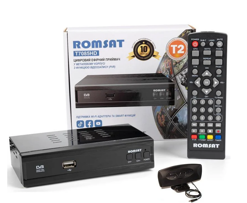 Антенна комнатная LP12 с усилителем/тюнер Т2 ROMSAT T7085HD