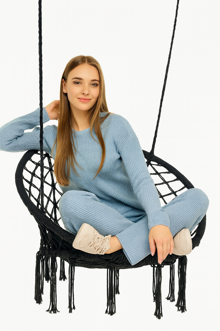 Кресло-качеля подвесное плетеное круглое WCG с мягкой подушкой 80 см Черный (QNSW01BL) - фото 2