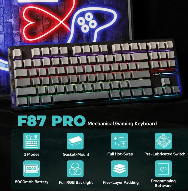 Клавиатура беспроводная AULA F87 PRO и наклейки/Bluetooth/RGB/игровая/Hot Swap/3 режима подключения Grey - фото 5