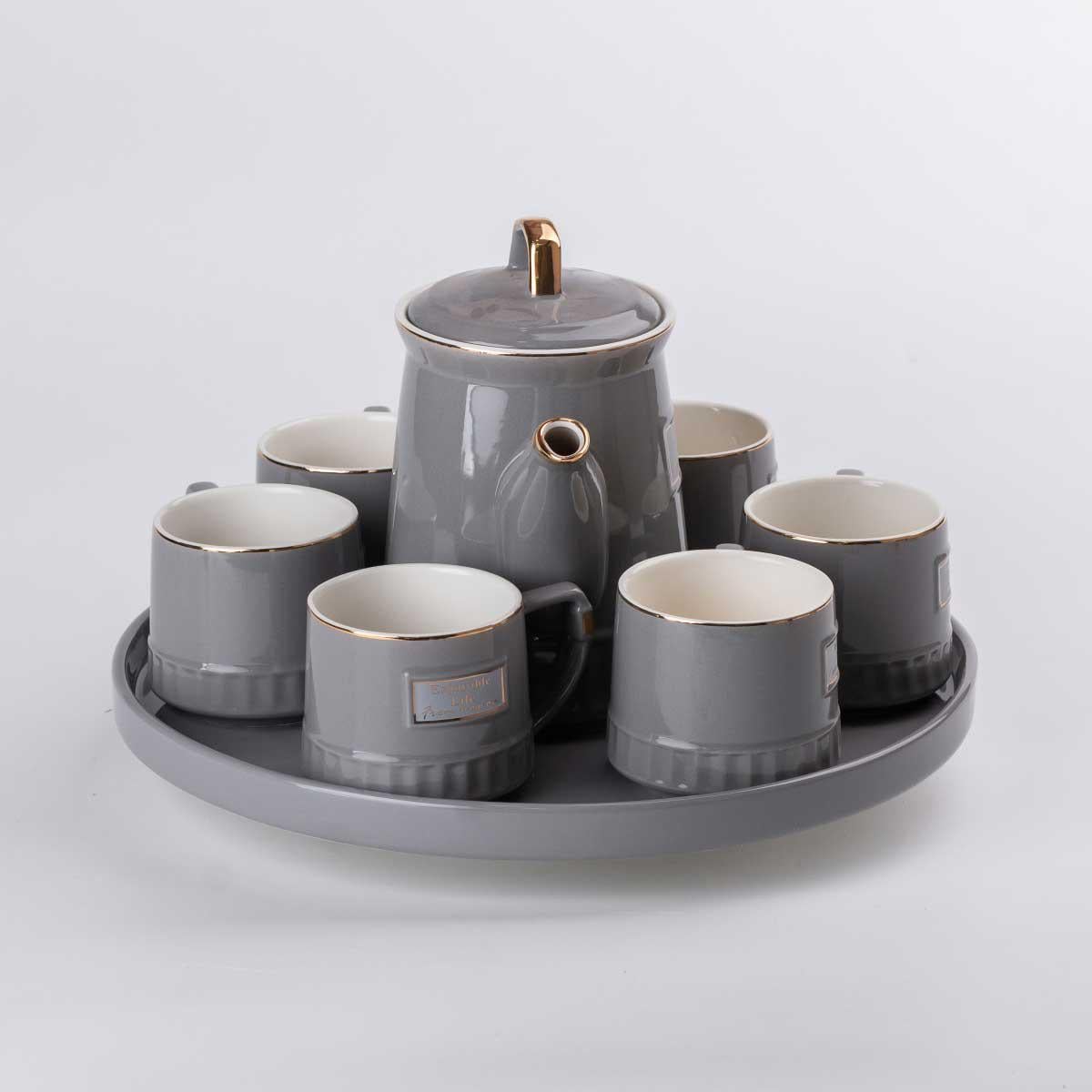 Чайный набор с заварочным чайником и керамической подставкой на 6 персон Серый (4989)