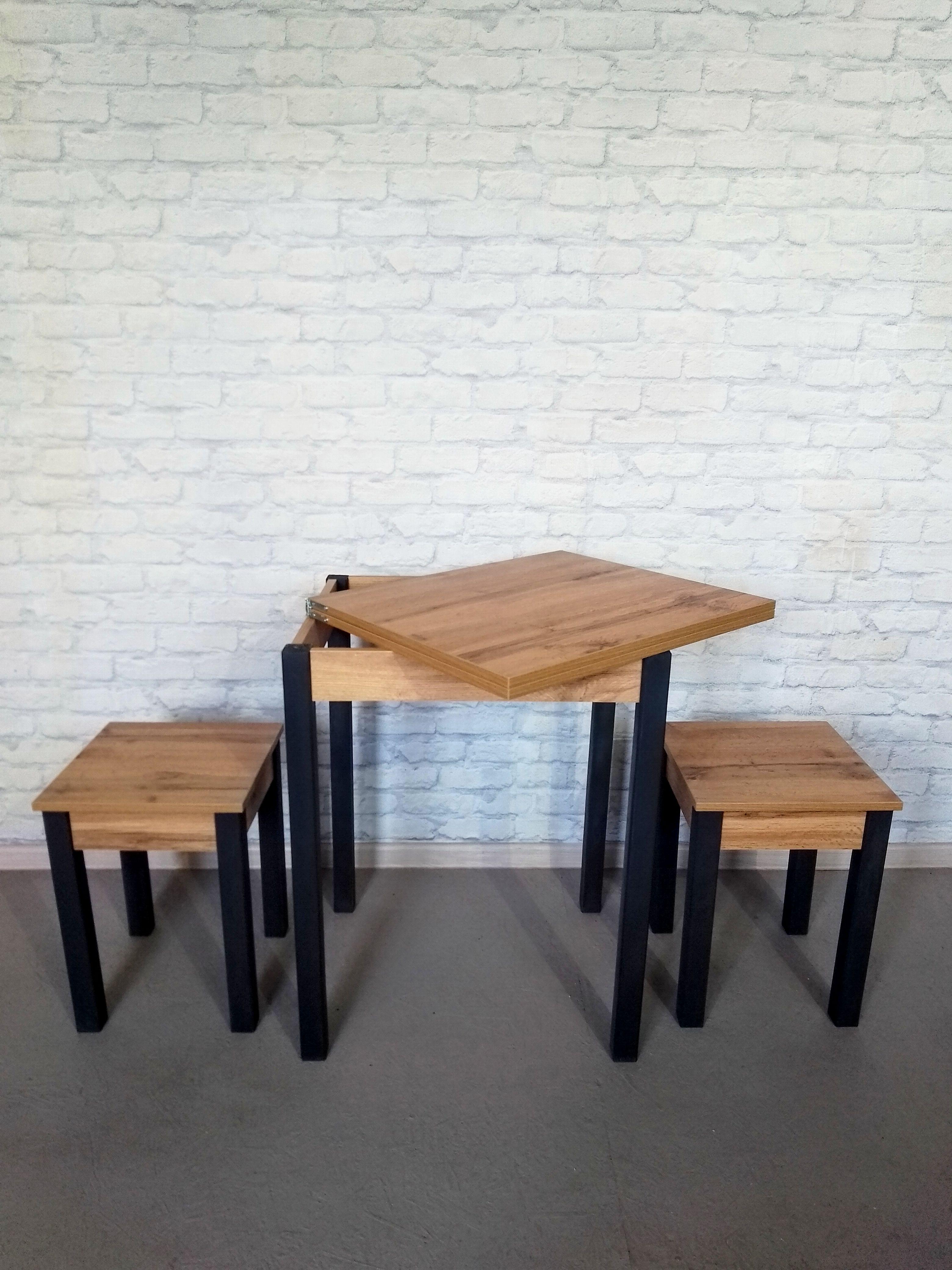 Обеденный стол и 2 табурета Смарт раскладной/ножки деревянные 60х50х75 см/34х34х45 см Дуб аппалачи/Графитовый (0023) - фото 3 Обеденный стол и 2 табурета Смарт раскладной/ножки деревянные 60х50х75 см/34х34х45 см Дуб аппалачи/Графитовый (0023) - фото 3