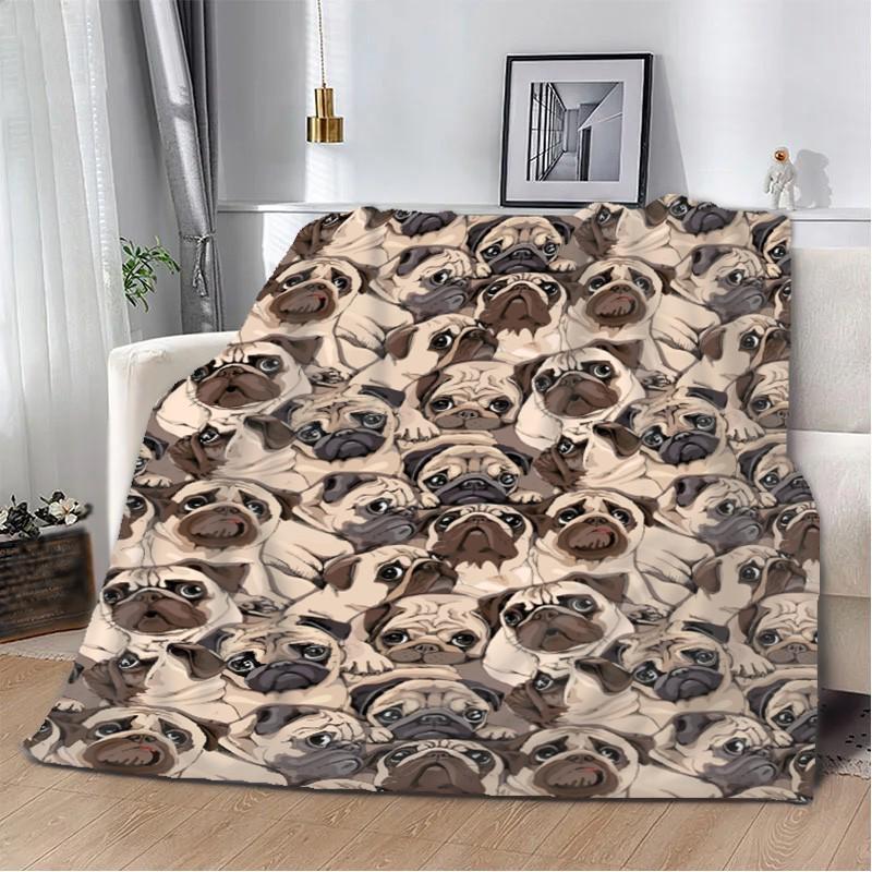 Плед-покрывало Мопсы плюш/велюр детское 135х160 см Бежевый