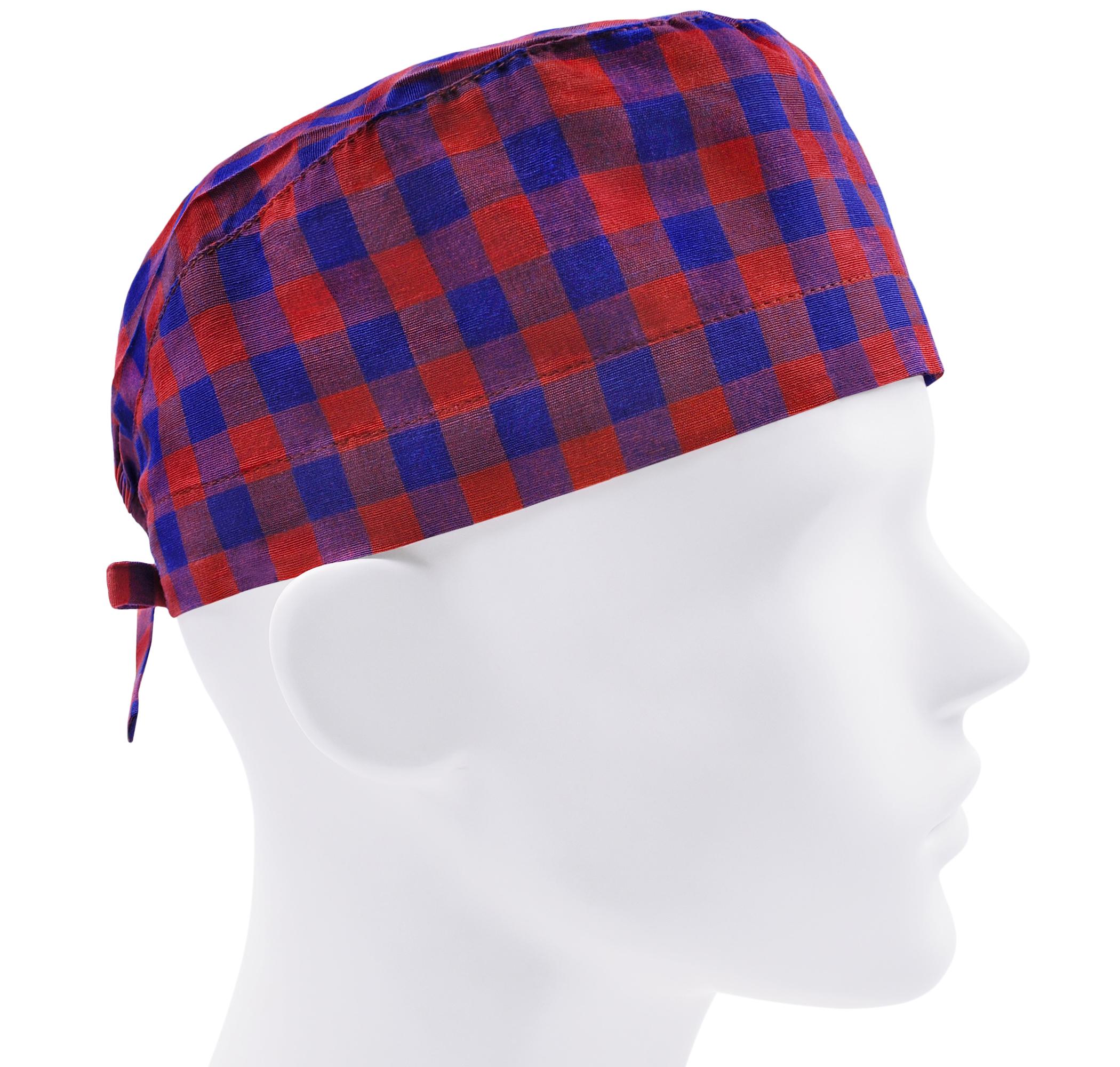 Шапочка медицинская мужская FloralScrubs Клетка кораллово-синяя универсальная (М134)