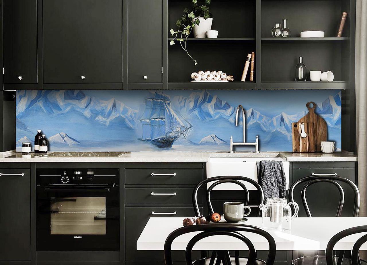 Кухонный фартук Ледяное море корабль рисунок из самоклеющейся виниловой пленки 60х250 см Голубой