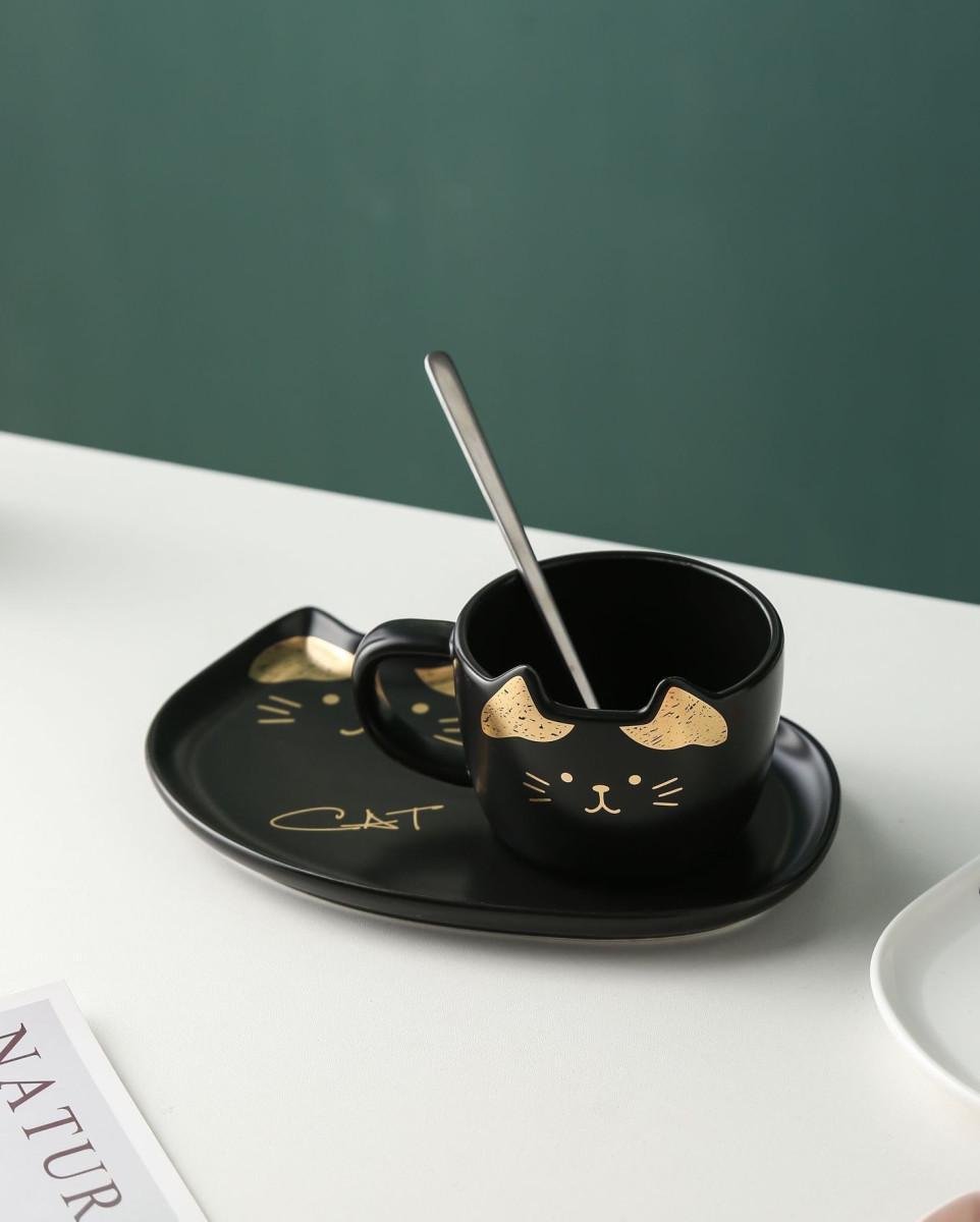Чашка з блюдцем та ложкою Cute kitty 14851 200 мл Чорний (4996643)