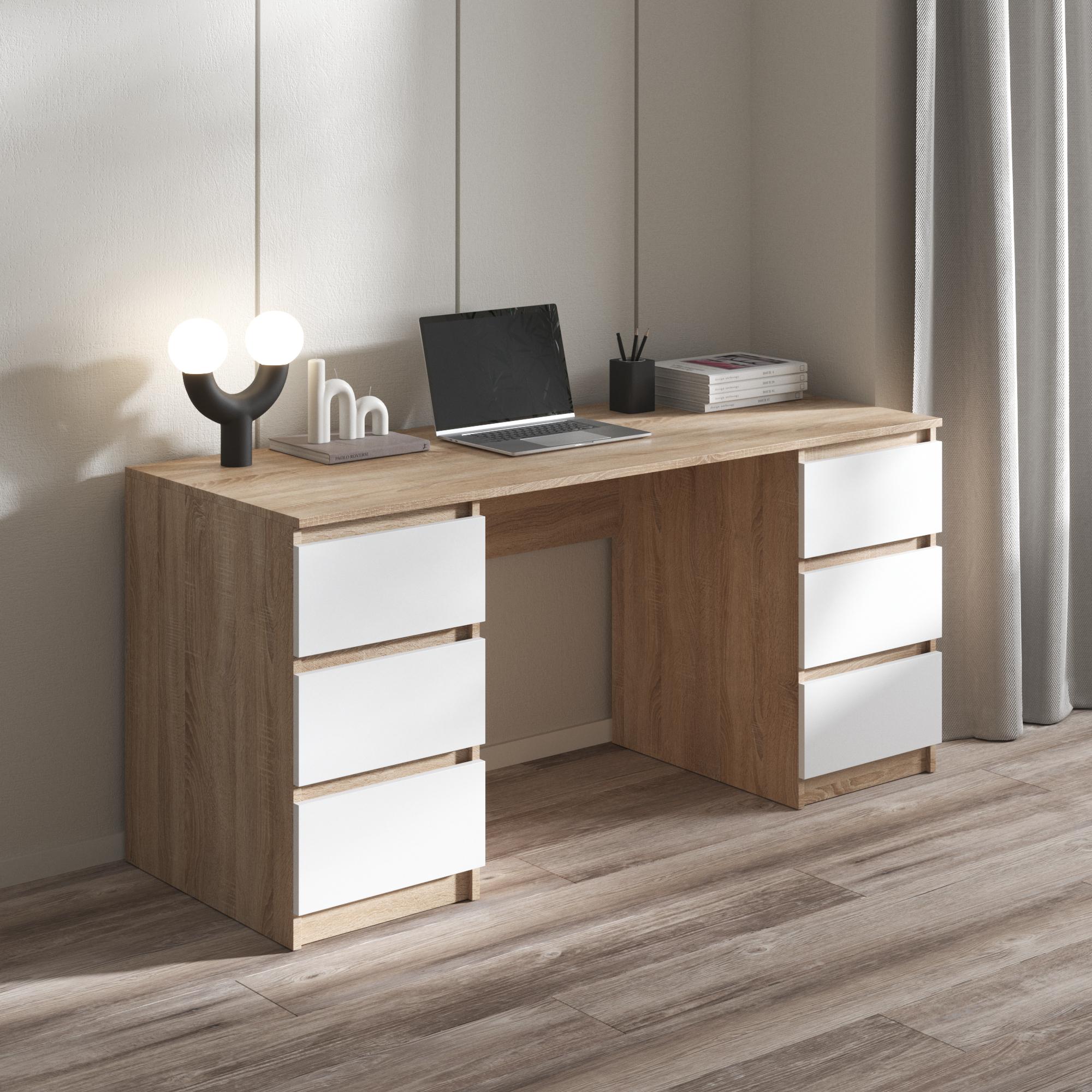 Стол компьютерный R-2 с двумя тумбами на 6 выдвижных ящиков c фасадами без ручек Дуб Сонома-Белый - фото 1 Стол компьютерный R-2 с двумя тумбами на 6 выдвижных ящиков c фасадами без ручек Дуб Сонома-Белый - фото 1