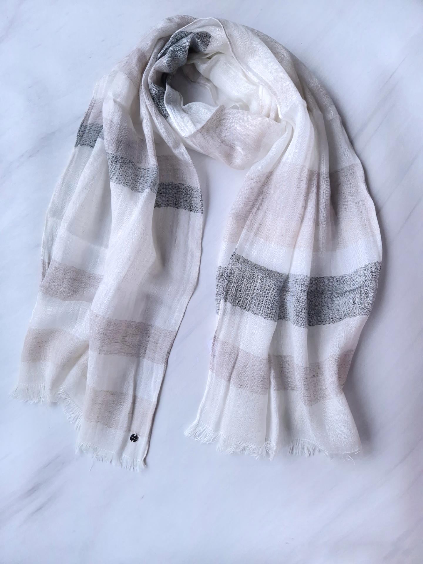 Шарф женский в серые полоски с бахромой весна-осень 184х56 см Молочный (15080)