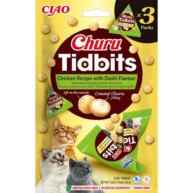 Ласощі для котів INABA Churu Tidbits Запечені кульки з кремовою начинкою Рецепт з куркою та бульоном даши 3 шт. (3189952116)