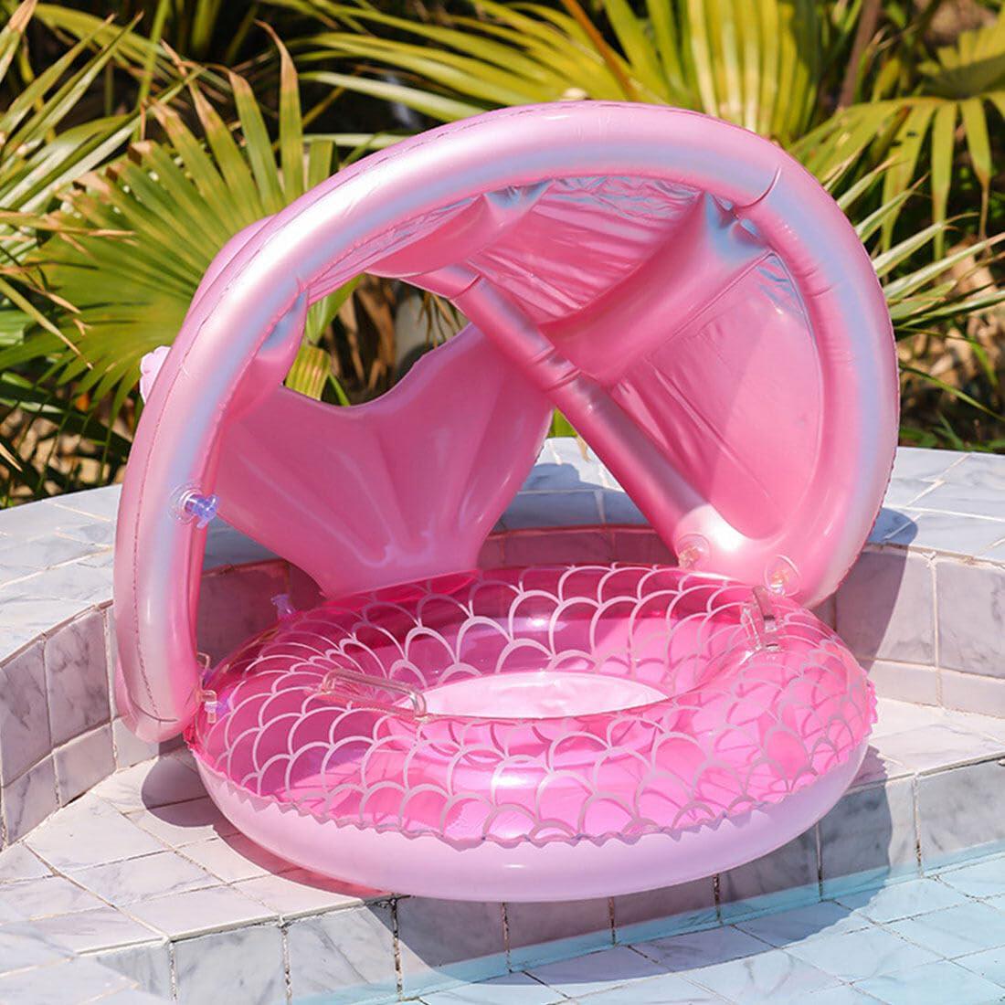Надувная лодка-круг детская Русалка с навесом от солнца с 6+ до 4 лет Розовый - фото 9