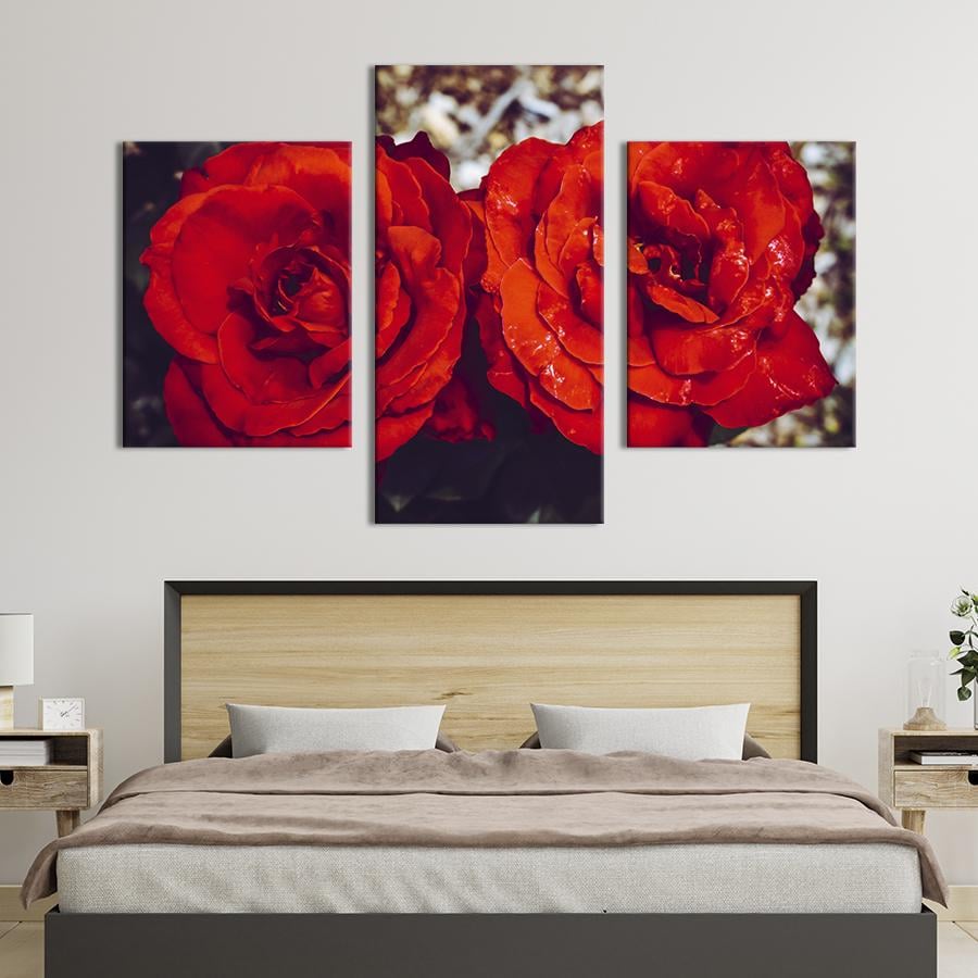 Картина на холсте триптих Роскошные алые розы 66x40 см (910-32)